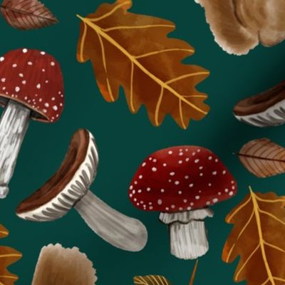 Autumn Pattern With Squirrels, Mushrooms, Chestnut Leaves, Oak Leaves and Acorns, Large Scale,  Forest Green Background 
