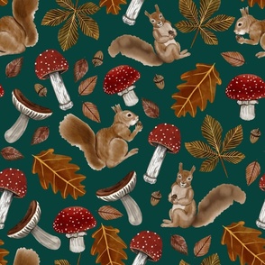 Autumn Pattern With Squirrels, Mushrooms, Chestnut Leaves, Oak Leaves and Acorns, Large Scale,  Forest Green Background 