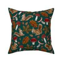 Autumn Pattern With Squirrels, Mushrooms, Chestnut Leaves, Oak Leaves and Acorns, Small Scale, Forest Green Background 