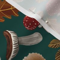 Autumn Pattern With Squirrels, Mushrooms, Chestnut Leaves, Oak Leaves and Acorns, Small Scale, Forest Green Background 