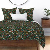 Autumn Pattern With Squirrels, Mushrooms, Chestnut Leaves, Oak Leaves and Acorns, Small Scale, Forest Green Background 