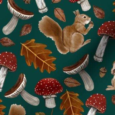 Autumn Pattern With Squirrels, Mushrooms, Chestnut Leaves, Oak Leaves and Acorns, Small Scale, Forest Green Background 