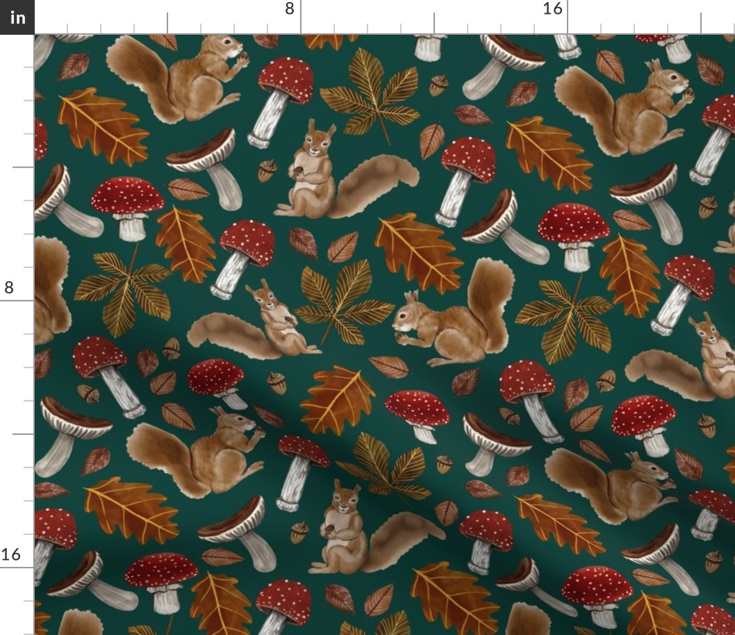 Autumn Pattern With Squirrels, Mushrooms, Chestnut Leaves, Oak Leaves and Acorns, Small Scale, Forest Green Background 