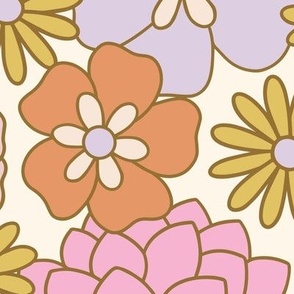 Retro Garden Floral in Lilac , Jumbo | groovy retro green, purple, pink  illustrated flower power print on cream background