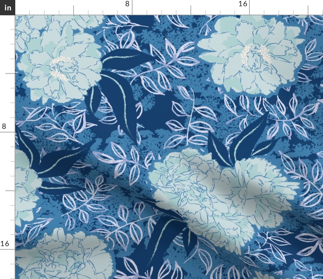 Romantic Botanical Blossoms in Indigo and Pale Aqua