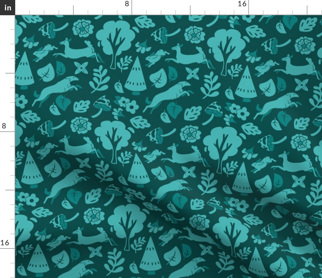 Teal on Teal Floral Forest Longhaired Hound Small Print