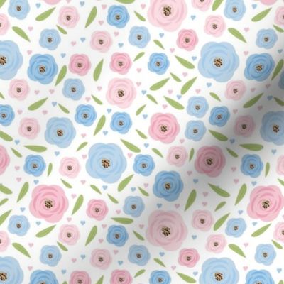 Smaller Sweet Spring Floral Blue and Pink Posies on White