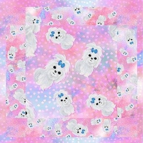 Maltese Pink Blue Hearts Watercolor - Quilt Panel