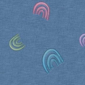 Colorful Rainbows Embroidery Stitched on Blue Denim 