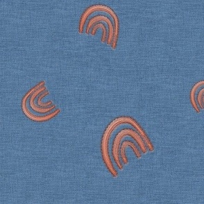 Copper Peach Rainbows Embroidery Stitched on Blue Denim