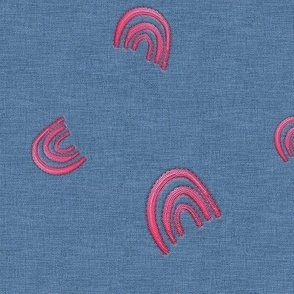 Bright Pink Rainbows Embroidery Stitched on Blue Denim