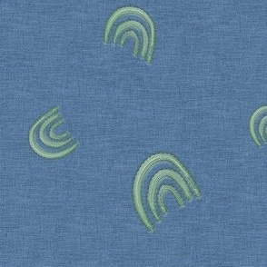 Celadon Green Rainbows Embroidery Stitched on Blue Denim