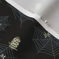 Spiderwebs, spiders and boos, not so scary spiders saying boo on halloween in black on a small scale