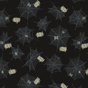 Spiderwebs, spiders and boos, not so scary spiders saying boo on halloween in black on a medium scale