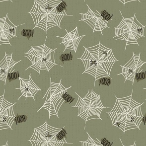 Spiderwebs, spiders and boos, not so scary spiders saying boo on halloween in sage green on a  medium scale