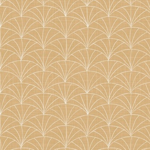 geometric shell line drawing in cream on caramel sand linen texture, scandi japandi calm minimalistic