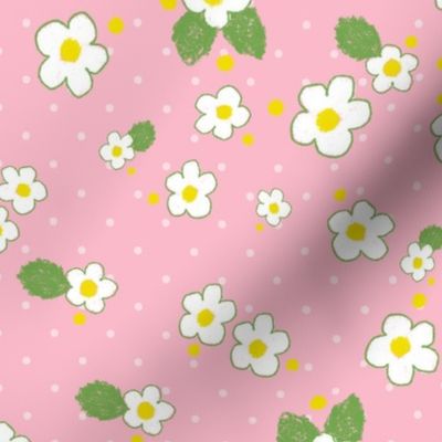 Small white flowers on pink swiss dot background (medium)