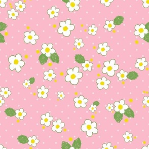 Small white flowers on pink swiss dot background (medium)