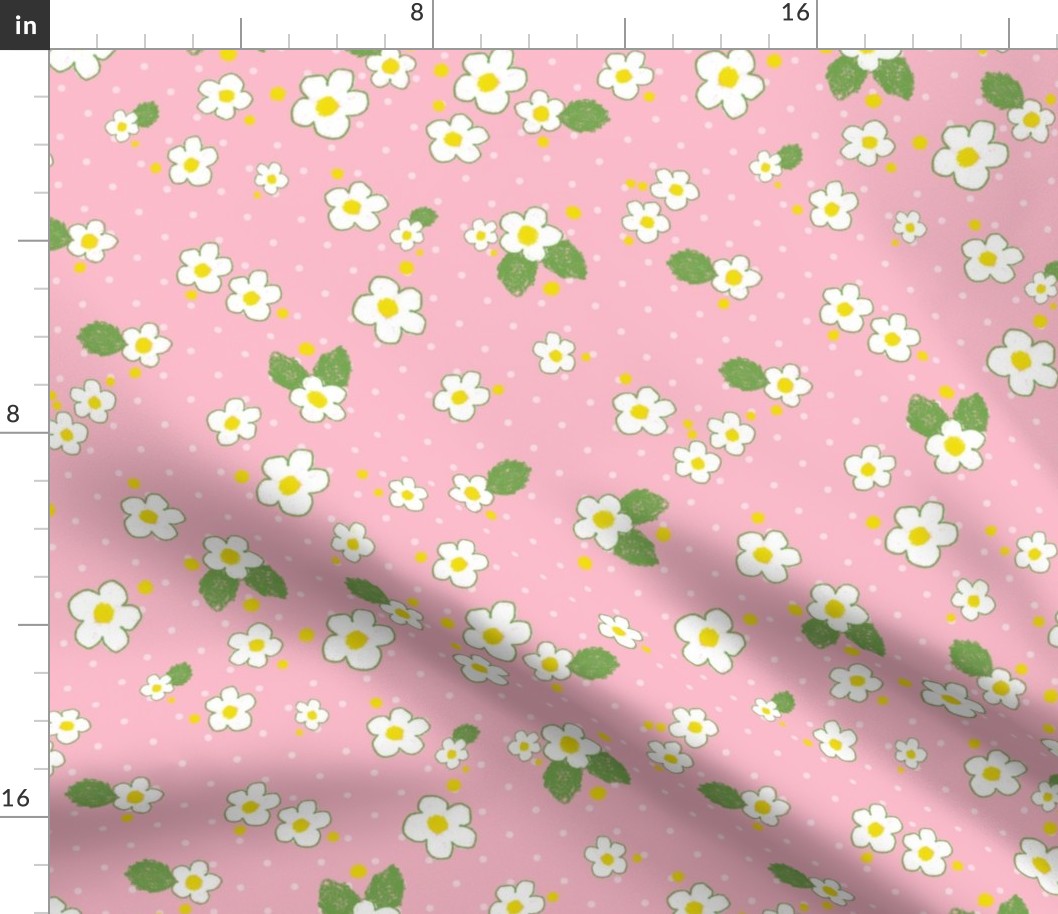 Small white flowers on pink swiss dot background (medium)