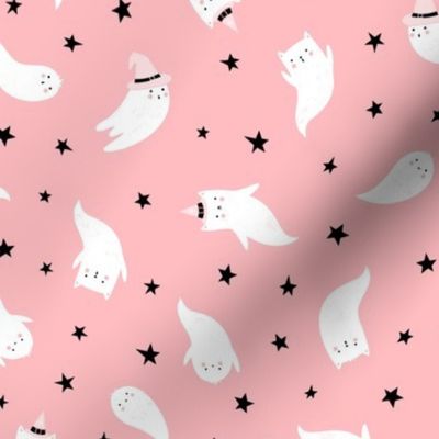 Cute White cat Ghosts in witch hats on carnation pink