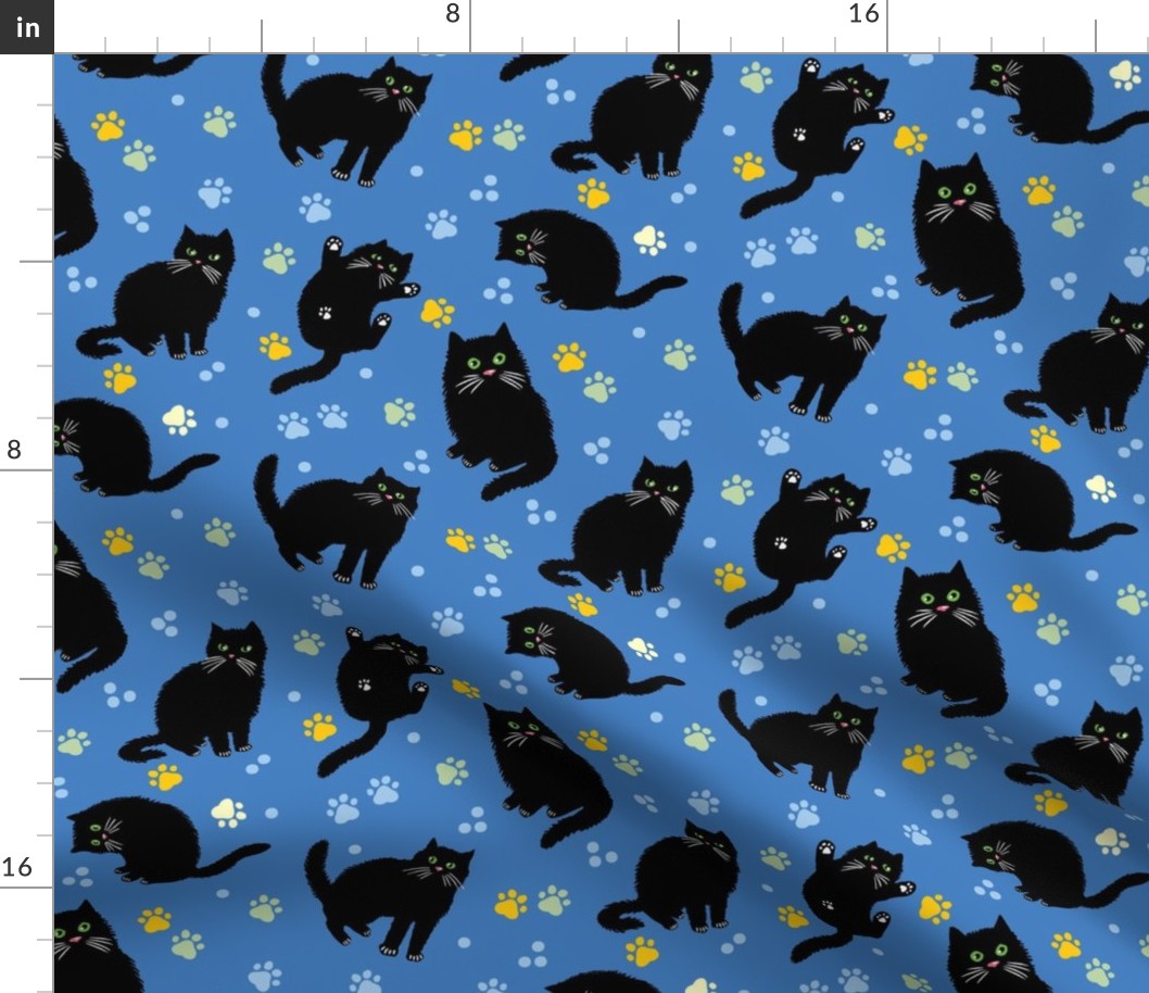 Black Cats on Blue with cute paw prints small scale