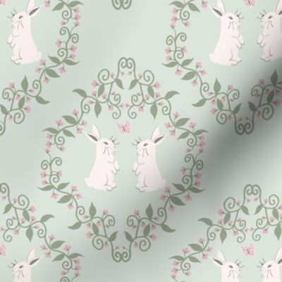 Spring Bunnie Damask Celadon Green Small Scale