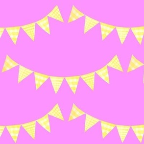 Watercolor, Hand Painted  Yellow Gingham Banner on Pink, Kid's  Party, L