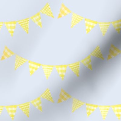 Watercolor, Hand Painted  Yellow Gingham Banner on Light Blue, Kid's  Party, L