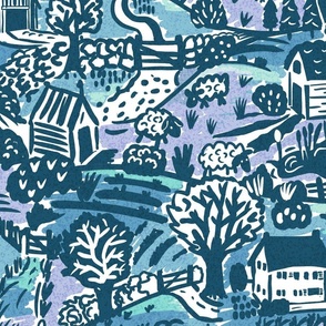 Farmsteads in blue wallpaper scale