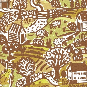 Farmsteads in rustic brown wallpaper scale