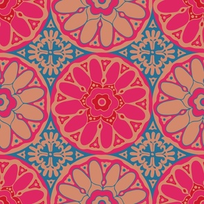 GRAND BAZAAR Bohemian Floral Mandala Tiles in Exotic Fuchsia Hot Pink Red Blue Blush Sand - LARGE Scale - UnBlink Studio by Jackie Tahara