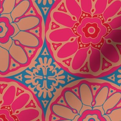 GRAND BAZAAR Bohemian Floral Mandala Tiles in Exotic Fuchsia Hot Pink Red Blue Blush Sand - MEDIUM Scale - UnBlink Studio by Jackie Tahara