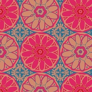 GRAND BAZAAR Bohemian Floral Mandala Tiles in Exotic Fuchsia Hot Pink Red Blue Blush Sand - SMALL Scale - UnBlink Studio by Jackie Tahara