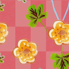 Fun Painted Flowers on Pink Check Background