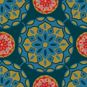 MOSAIQUE Bohemian Floral Mandala Tiles in Exotic Blue Green Red on Dark Teal - LARGE Scale - UnBlink Studio by Jackie Tahara