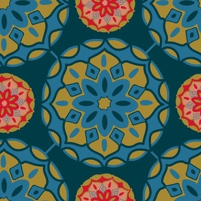 MOSAIQUE Bohemian Floral Mandala Tiles in Exotic Blue Green Red on Dark Teal - MEDIUM Scale - UnBlink Studio by Jackie Tahara