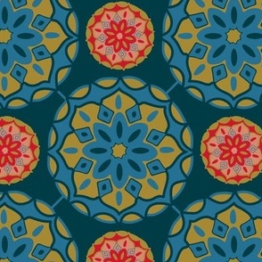 MOSAIQUE Bohemian Floral Mandala Tiles in Exotic Blue Green Red on Dark Teal - SMALL Scale - UnBlink Studio by Jackie Tahara