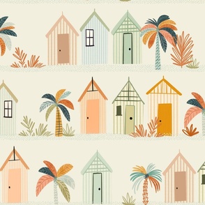 Summer Vacation - Large beach hut  - retro beach house - hand drawn changing cabin  - palm trees - coastal wallpaper