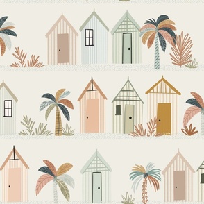 Summer Vacation - Large  beach hut Old Style - retro beach house - hand drawn changing cabin  - palm trees - coastal wallpaper