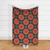 MOSAIQUE Bohemian Floral Mandala Tiles in Exotic Red Green Blush Sand Blue on Dark Teal - LARGE Scale - UnBlink Studio by Jackie Tahara