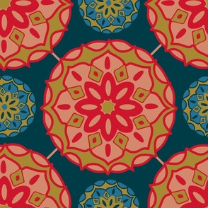 MOSAIQUE Bohemian Floral Mandala Tiles in Exotic Red Green Blush Sand Blue on Dark Teal - LARGE Scale - UnBlink Studio by Jackie Tahara