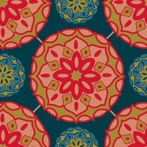 MOSAIQUE Bohemian Floral Mandala Tiles in Exotic Red Green Blush Sand Blue on Dark Teal - MEDIUM Scale - UnBlink Studio by Jackie Tahara