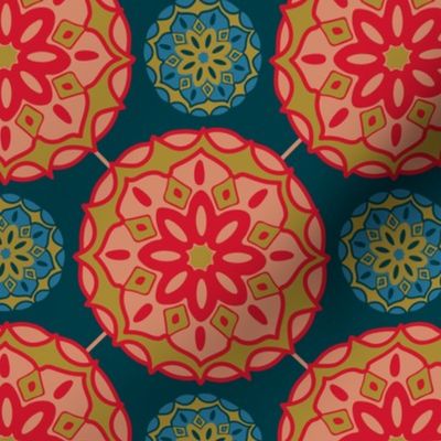 MOSAIQUE Bohemian Floral Mandala Tiles in Exotic Red Green Blush Sand Blue on Dark Teal - SMALL Scale - UnBlink Studio by Jackie Tahara
