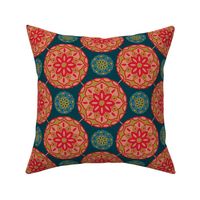 MOSAIQUE Bohemian Floral Mandala Tiles in Exotic Red Green Blush Sand Blue on Dark Teal - SMALL Scale - UnBlink Studio by Jackie Tahara