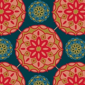 MOSAIQUE Bohemian Floral Mandala Tiles in Exotic Red Green Blush Sand Blue on Dark Teal - SMALL Scale - UnBlink Studio by Jackie Tahara