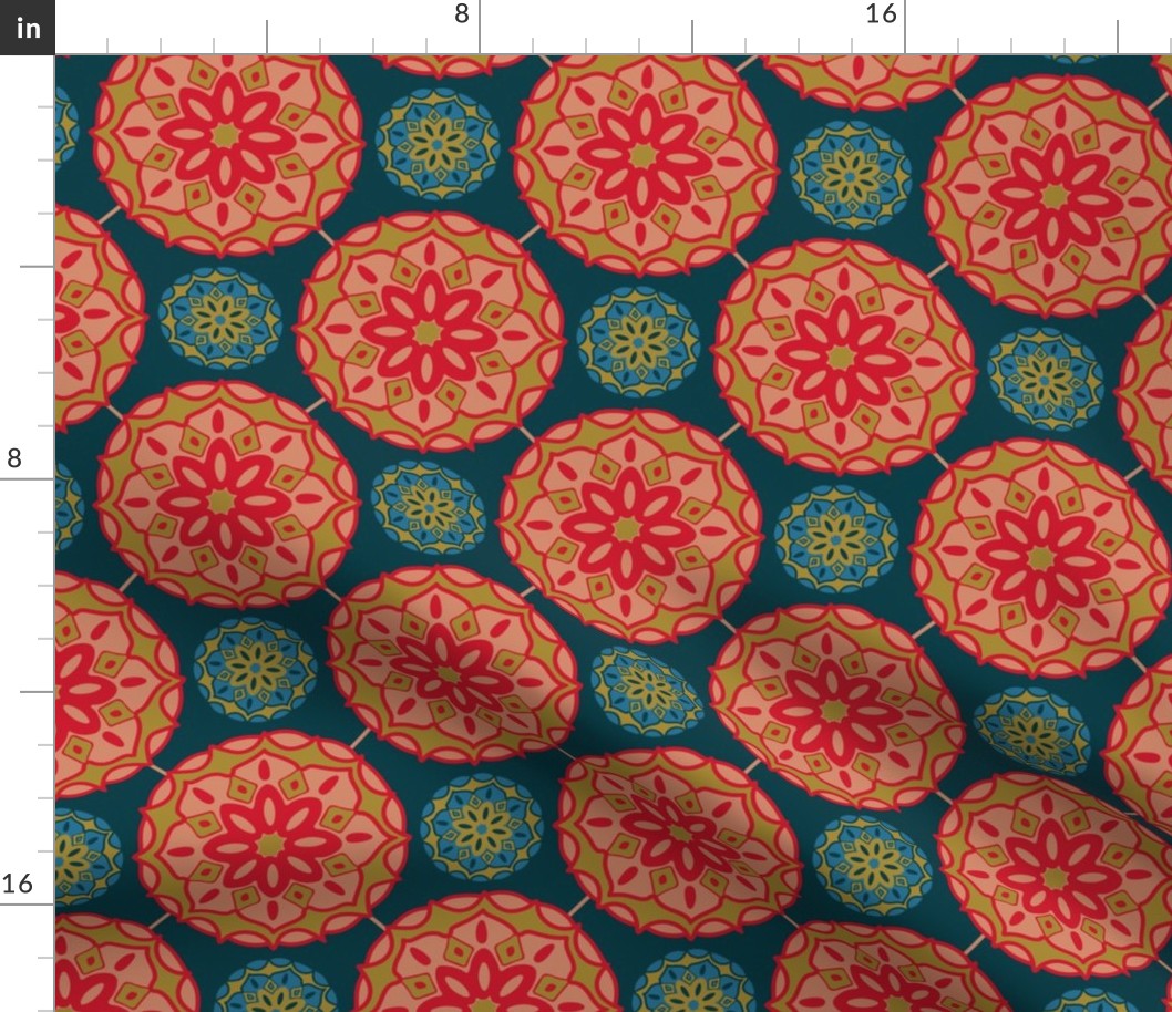 MOSAIQUE Bohemian Floral Mandala Tiles in Exotic Red Green Blush Sand Blue on Dark Teal - SMALL Scale - UnBlink Studio by Jackie Tahara