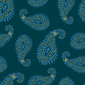 PAISLEY Bohemian Vintage India Inspired Modern Abstract in Blue on Dark Teal - MEDIUM Scale - UnBlink Studio by Jackie Tahara