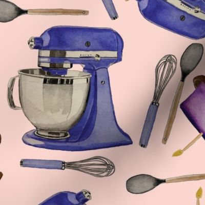 Blue Kitchen aids, cakes, Whisks, and Spatulas on a Light pink background