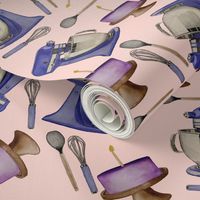 Blue Kitchen aids, cakes, Whisks, and Spatulas on a Light pink background