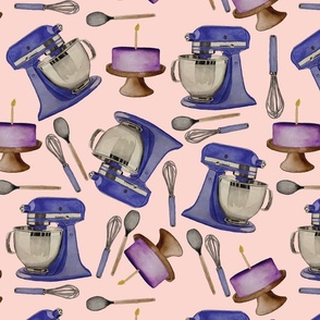 Blue Kitchen aids, cakes, Whisks, and Spatulas on a Light pink background